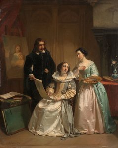 Gerard van Honthorst toont de tekeningen van zijn leerling Louise van Bohemen aan Amalia van Solms