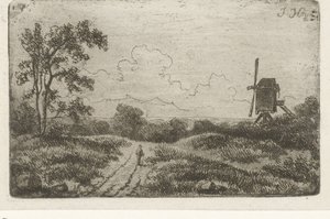 Figuur op een weg bij een molen