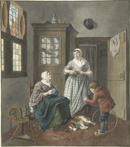 Interieur met naaiende vrouw, dienstmeid en spelende jongen door Hendrik Jan van Amerom