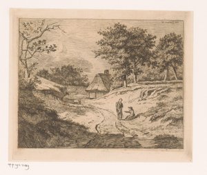 Landschap met persoon die een ander de weg wijst door Hendrik Jozef Franciscus van der Poorten