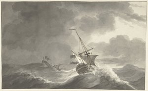 Twee schepen op zee bij storm door Hendrik Kobell