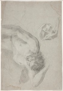 Mannelijke modelstudie, liggend op de rug, kniestuk en draperiestudie door Hendrik Krock