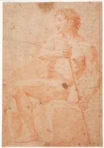Mannelijk modelstudie, zittend met staf