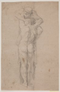 Staande mannelijke figuur, vastgehouden door bebaarde man