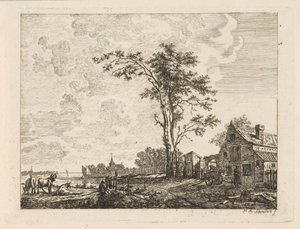 Landschap met huis aan een rivier door Hendrik Marcus Schouten