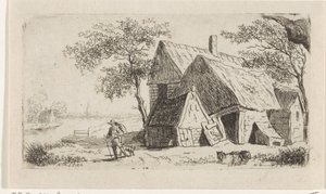 Man met hond bij een boerderij aan het water door Hendrik Marcus Schouten
