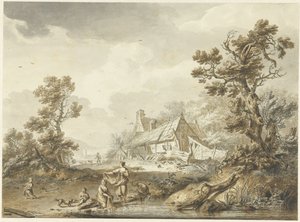 Boerderij met op de voorgrond wassende vrouwen door Hendrik Meijer