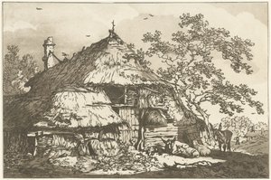 Boerderij met op het erf een koe, twee schapen en een ezel door Hendrik Meijer