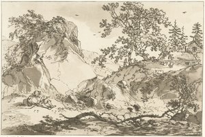 Heuvelachtig landschap met een rustende man door Hendrik Meijer