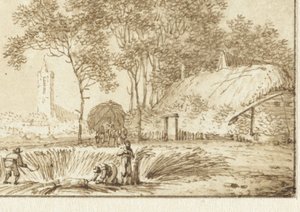Maaiers bij een boerenhoeve door Hendrik Meijer