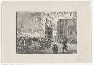 Brandweermannen snellen naar een brandend huis aan een marktplein door Hendrik Numan
