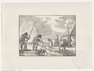 Figuren in een veengebied met turf aan het werk