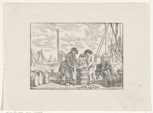 Mannen op een kade met tonnen vis aan het werk