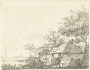 Twee vissers met korven bij een vaart door Hendrik Schwegman