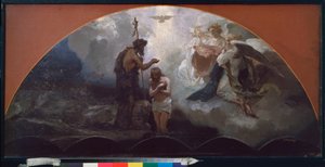 De doop van Christus. (door Johannes de Doper, onder het oog van hemelse engelen en de duif van de Heilige Geest). Werk van Henryk Siemiradzki, olie op karton