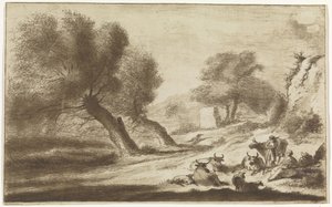 Landschap met rustende herders en vee