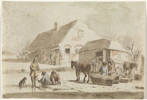 Schaatsenrijders en een slede bij een boerderij