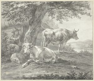 Twee koeien en twee schapen onder een boom bij een schuur door Hendrik Stokvisch