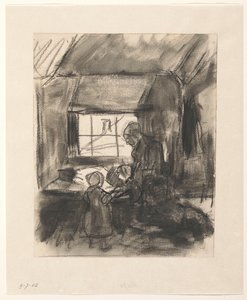 Interieur met vrouw en twee kindertjes