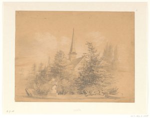 Kerkje tussen bomen door Hendrik Valkenburg