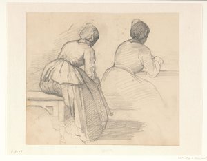 Twee studies van een zittende vrouw, op de rug gezien door Hendrik Valkenburg