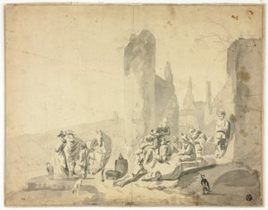 Havenscène met verschillende figuren door Hendrik Verschuring