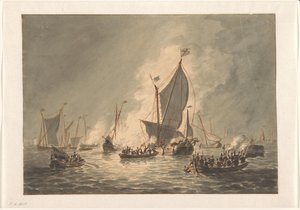 Vernielen en verbranden door de Watergeuzen van de Spaanse schepen bij Den Briel, 1572 door Hendrik Vettewinkel