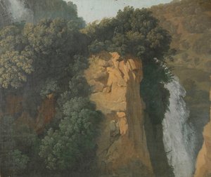 Overwoekerde kliffen met een waterval in Italië, mogelijk bij Tivoli