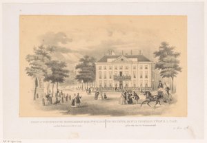 Gezicht vanaf het Tournooiveld op het Herenlogement van Dordrecht in Den Haag omstreeks 1850