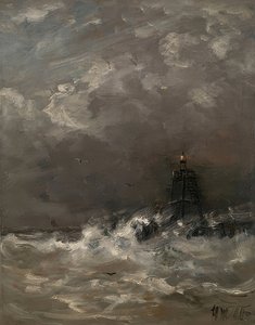 Vuurtoren in brekende golven