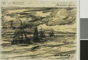 Schepen op zee door Hendrik Willem Mesdag