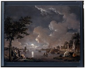 Een rivierlandschap bij maanlicht
