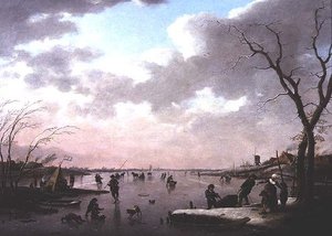 Winters tafereel, figuren op het ijs door Hendrik Willem Schweickhardt