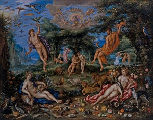 De vier elementen, met scènes uit Genesis door Hendrik de & Alsloot Denis van (c.1573 1625/26) Clerck