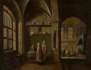 Een Renaissance-interieur met figuren: De geboorte van St. Jan door Hendrik the Younger Steenwyck