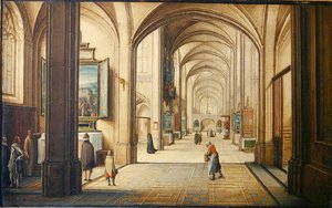 Kerkinterieur met een koster die een schilderij aan bezoekers toont, 1608
