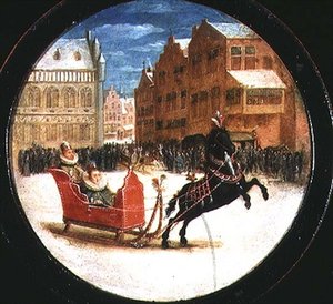 Winterlandschap met figuren in een paardenslee