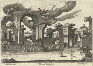 Ruïnes van de Thermen van Diocletianus met twee mannen die croquet spelen op de voorgrond, 1585