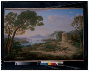 Een uitgestrekt klassiek landschap met figuren zittend voor een tempietto