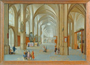 Kerkinterieur met bezoekers ...