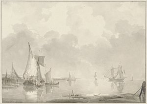Gezicht voor de kust met schepen in stil water door Hendrik van den Helm