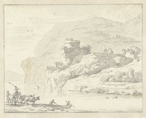 Italiaans berglandschap met herders en vee, en twee figuren in een boot die de rivier oversteken door Hendrik van der Straaten (attributed to)