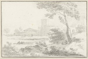 Italiaans landschap met versterkt gebouw op de achtergrond