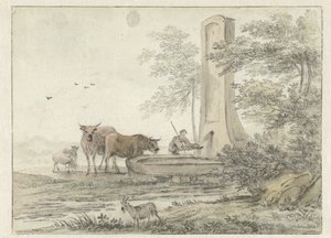 Italiaans landschap met herder en zijn vee bij een fontein door Hendrik van der Straaten
