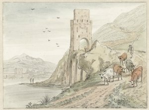 Italiaans rivierlandschap met bergen en een poorttoren door Hendrik van der Straaten