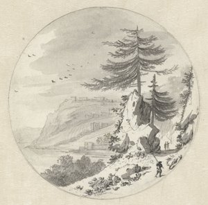 Bergachtig kustlandschap met een grote spar
