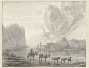 Rotsachtig rivierlandschap met een herder met zijn vee en schapen door Hendrik van der Straaten