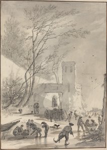 Schaatsers buiten een stadsmuur door Hendrik van der Straaten
