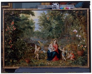 De Maagd en het Kind zittend in een tuin met putti, vogels en dieren door Hendrik van the Elder Balen