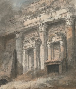 Gevel van een verwoeste (?) Romeinse tempel, met zuilen en deuropening door Heneage Finch fourth Earl of Aylesford